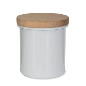 Enamel Storage Canister with Wooden Lid - White